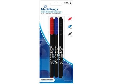 MediaRange Permanent Marker-Set - Set med permanenta CD-/DVD-markeringspennor - svart, blå, röd (paket om 3)