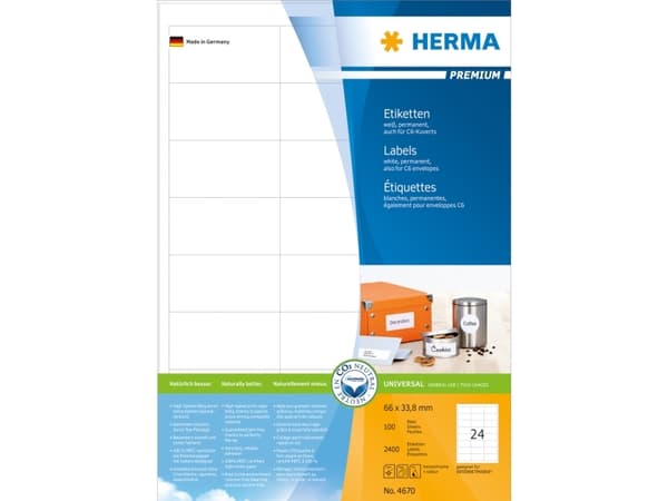 HERMA Premium - Papir - matt - permanent selv-adhesiv - hvit - 66 x 33.8 mm 2400 etikett(er) (100 ark x 24) laminerte etiketter