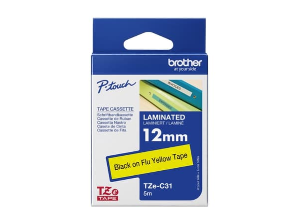 Brother TZe-C31 - Svart på fluorescerende gult - Rull (1,2 cm x 5 m) 1 kassett(er) laminert teip - for Brother PT-D210, D600, H110; P-Touch PT-1005,