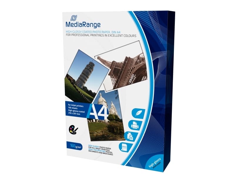 MediaRange - Högblank - bestruket - A4 (210 x 297 mm) - 160 g/m² - 100 ark fotopapper