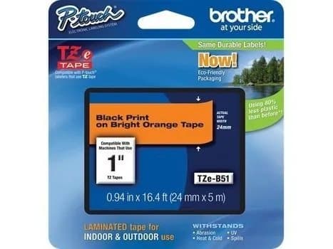 Brother TZe-B51 - Standardklebemiddel - svart på fluorescerende oransje - Rull (2,4 cm x 5 m) 1 kassett(er) laminert teip - for Brother PT-D600; P-To