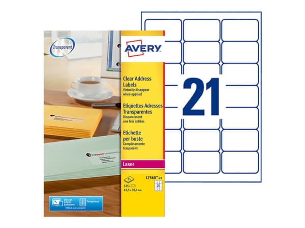 Etiketter Avery L7560 transparent 63,5x38,1 mm med 21 etiketter pr./ark (æske á 25 ark)