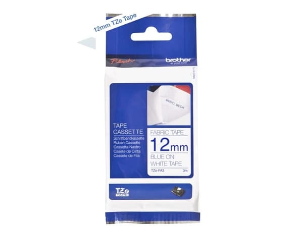 Brother TZe-FA3 - Stof - hvid, blå - rulle - for P-Touch PT-1010, 1080, 1090, 1290, 18, 2030, 2430, 2730, 3600, 7100, 9700, 9800, PT-GL-200