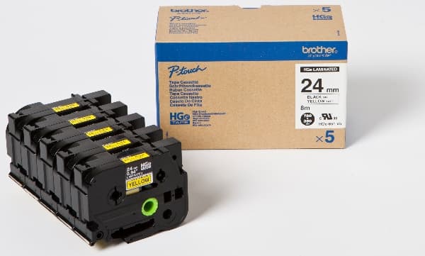 Brother HGE-651V5 - Svart på gult - Rull (2,4 cm x 8 m) 5 kassett(er) laminert teip - for P-Touch PT-9500pc, PT-9700PC, PT-9800PCN; P-Touch R RL-700S