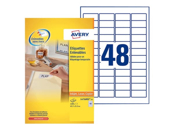Avery - Fjernbart adhesiv - hvit - 45.7 x 21.2 mm 1200 etikett(er) (25 ark x 48) merkelapper