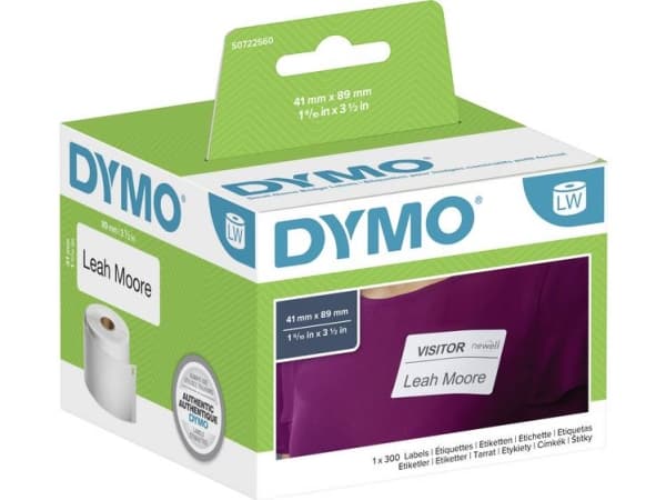 DYMO LW - Pieni nimikorttitarra - 41 x 89 mm - S0722560, Valkoinen, Itse kiinnittyvä tulostintarra, Paperi, Irroitettava, Suorakulmio, LabelWriter