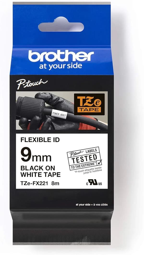 Brother TZFX221 - Svart på hvitt - Rull (0,9 cm x 8 m) fleksibelt bånd - for P-Touch PT-E310, E550, P900; P-Touch Cube Plus PT-P710; P-Touch Pro PT-H