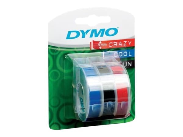 DYMO 3D prægetape 9mm x 3m sort, rød og blå selvklæbende - (3 stk.)