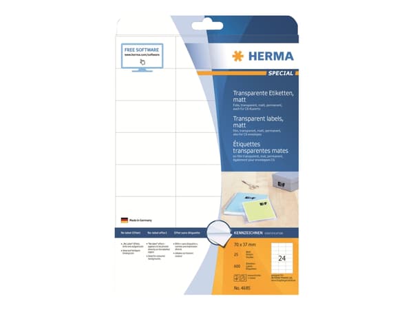 HERMA Special - Matt - permanent selv-adhesiv - gjennomsiktig - 70 x 37 mm 600 etikett(er) (25 ark x 24) filmetiketter