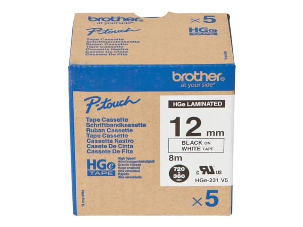Brother HGE-231V5 - Svart på vitt - Rulle (1,2 cm x 8 m) 5 kassett(er) bandlaminat - för P-Touch PT-9500pc, PT-9700PC, PT-9800PCN; P-Touch R RL-700S