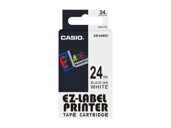 Casio XR-24WE1 - Självhäftande - svart på vitt - Rulle ( 2,4 cm x 8 m) 1 kassett(er) etiketttejp - för Disc Title Printer CW-L300; KL 8100, 8200