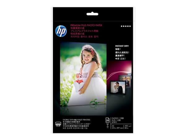HP :n kiiltävä Premium Plus -valokuvapaperi, 20 arkkia, A4-koko, 210 × 297 mm, Kiilto, 300 g/m², Laser/Inkjet, 20 arkkia, Yritys, Yritys, 15 - 35 °C