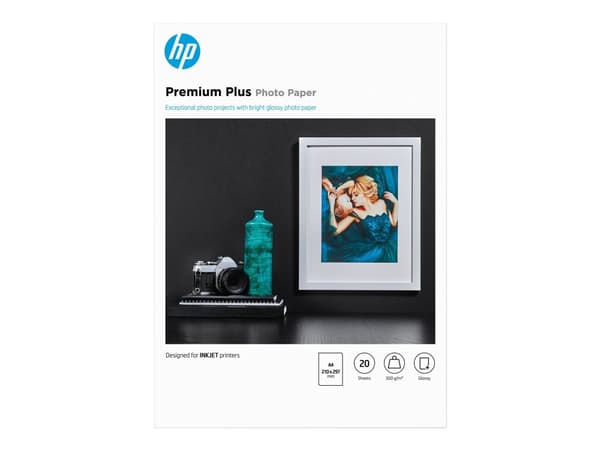 HP :n kiiltävä Premium Plus -valokuvapaperi, 20 arkkia, A4-koko, 210 × 297 mm, Kiilto, 300 g/m², Laser/Inkjet, 20 arkkia, Yritys, Yritys, 15 - 35 °C