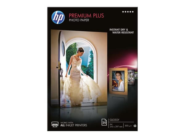 HP :n kiiltävä Premium Plus -valokuvapaperi, 20 arkkia, A4-koko, 210 × 297 mm, Kiilto, 300 g/m², Laser/Inkjet, 20 arkkia, Yritys, Yritys, 15 - 35 °C