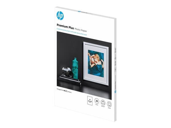HP :n kiiltävä Premium Plus -valokuvapaperi, 20 arkkia, A4-koko, 210 × 297 mm, Kiilto, 300 g/m², Laser/Inkjet, 20 arkkia, Yritys, Yritys, 15 - 35 °C
