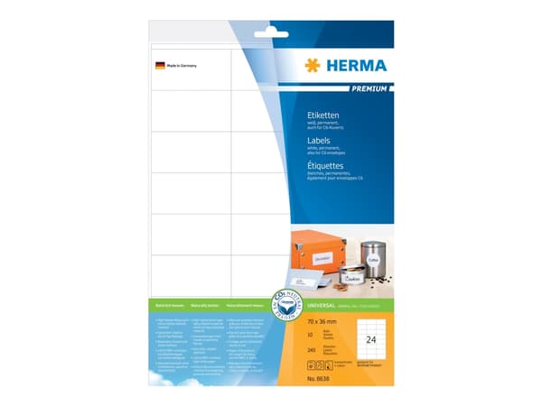 HERMA Premium - Papir - matt - permanent selv-adhesiv - hvit - 70 x 36 mm 240 etikett(er) (10 ark x 24) laminerte etiketter