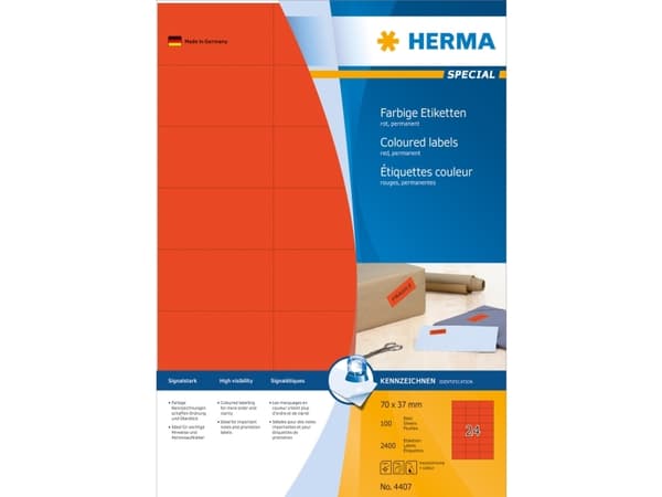 HERMA Special - Papir - matt - permanent selv-adhesiv - rød - 70 x 37 mm 2400 etikett(er) (100 ark x 24) merkelapper