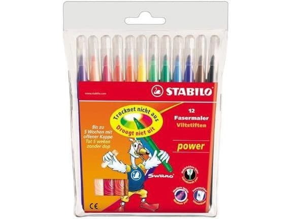 Stabilo Power Børnetusch 12 farver - 2mm streg - kan tåle at ligge uden hætte i op til 8 uger uden at tørre ud