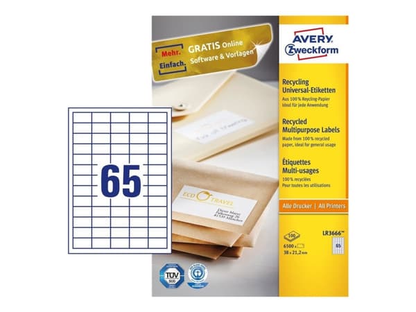 Avery LR3666, Valkoinen, Paperi, Laser/Inkjet, 38 x 21.2mm, 6500 kpl, 100 arkkia