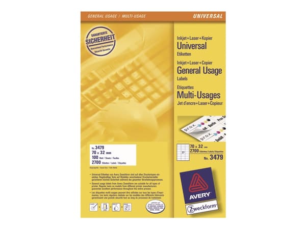 Avery - Hvit - 70 x 32 mm 2700 etikett(er) (100 ark x 27) flerbruks merkelapper