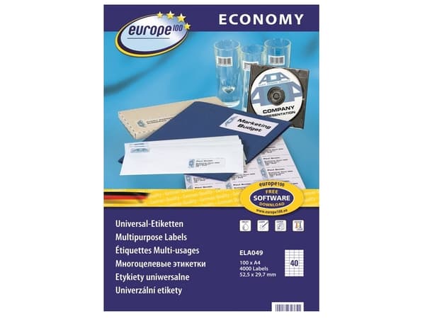 Avery ELA049, Vit, Självhäftande skrivaretikett, A4, papper, Laser/bläckstråleskrivare, Permanent