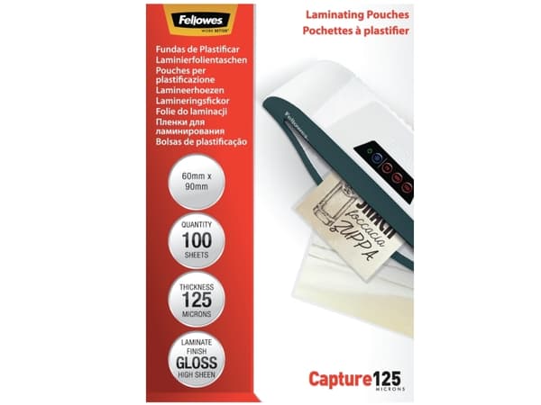 Fellowes Laminating Pouches Capture 125 micron - 125 mikroner - 100-pack - glanset - 60 x 90 mm lamineringspunger