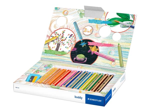 STAEDTLER buddy 3 in 1 - Vannfargeblyant - voks - for glass, kartong - assorterte farger (en pakke 12)