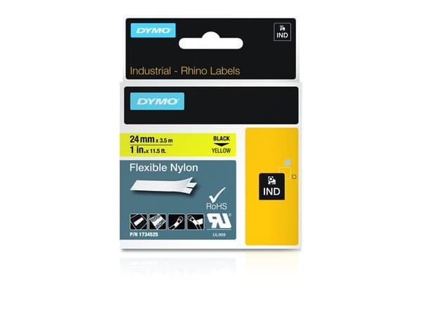DYMO RhinoPRO Flexible Nylon - Nylon - sort på gul - Rulla (2,4 cm x 3,5 m) 1 kassette(r) fleksibel tape - for Rhino 4200, 6000; RhinoPRO 6000, 6500
