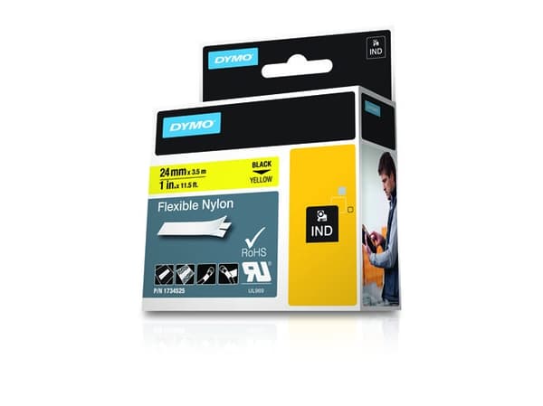 DYMO RhinoPRO Flexible Nylon - Nylon - sort på gul - Rulla (2,4 cm x 3,5 m) 1 kassette(r) fleksibel tape - for Rhino 4200, 6000; RhinoPRO 6000, 6500