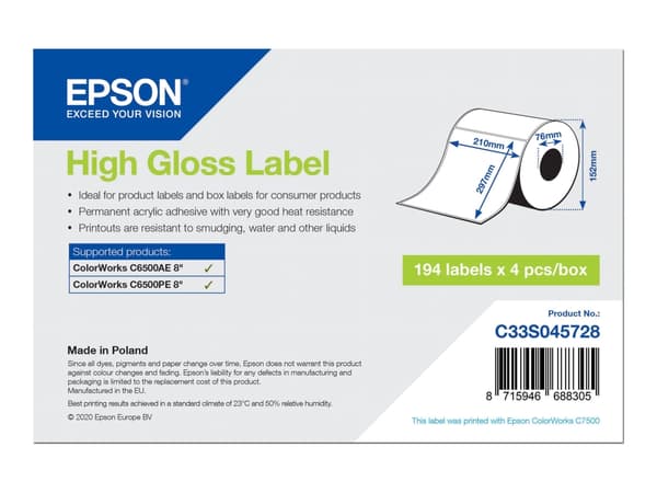 Epson - Høyblank - permanent akryl-adhesiv - mikroporøs - hvit - A4 (210 x 297 mm) 776 etikett(er) (4 rull(er) x 194) stanseskårne etiketter - for Co