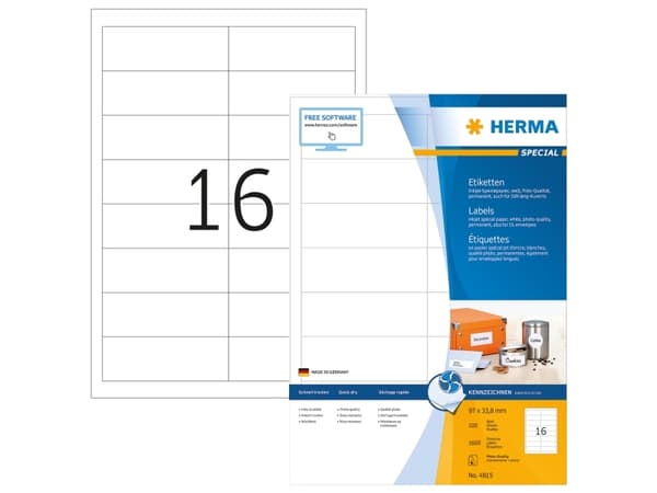 HERMA 4815, Vit, Självhäftande skrivaretikett, A4, papper, Bläckstråleskrivare, Permanent