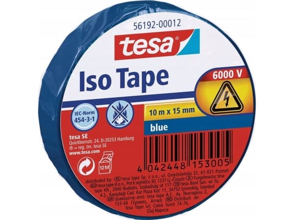 TESA 56192-12, 1 stk, Blå, 6000 V, 10 m, 15 mm TESA 56192-12, 1 stk, Blå, 6000 V, 10 m, 15 mm