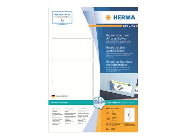 HERMA Spesial - Papir - matt - flyttbar selvklebende - hvit - 96 x 50,8 mm 1000 etikett(er) (100 ark x 10) adresseetiketter