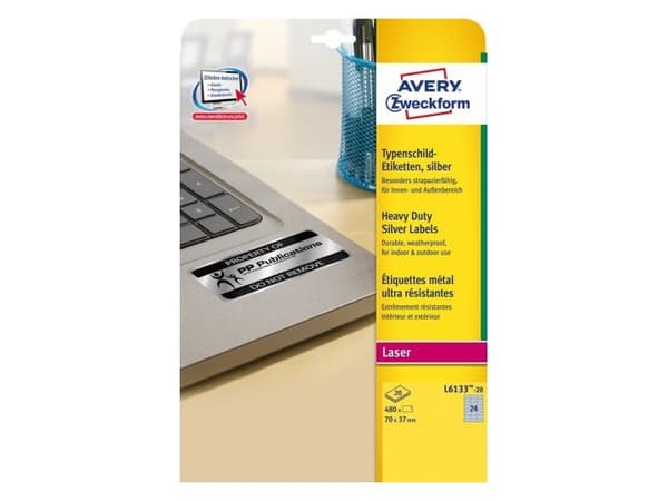 Avery L6133-20, Silver, Självhäftande skrivaretikett, A4, Polyester, laser, Permanent