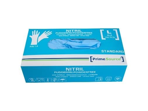 Engangshandkse Prime Source STANDARD str. L uden pudder Nitril AQL 1.5 blå m/150 stk. - (karton á 10 pakker)