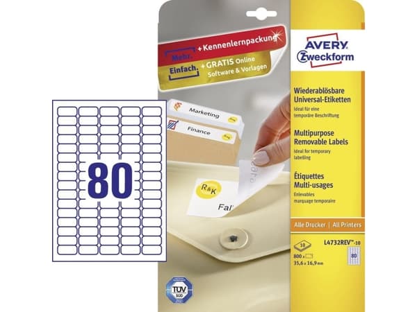 Avery L4718REV-20, Hvit, Selvklebende skriveretikett, A4, Polyester, Laser, Avtagbar