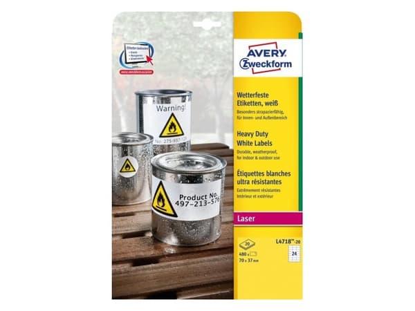 Avery L4718REV-20, Hvit, Selvklebende skriveretikett, A4, Polyester, Laser, Avtagbar
