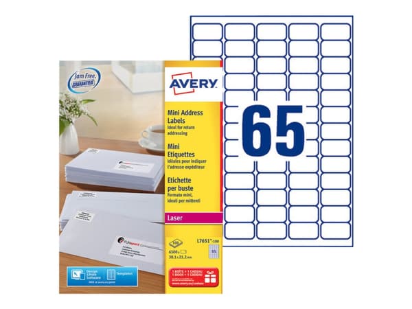 Etiketter Avery L7651-100 vit 38,1x21,2 (låda med 6500 etiketter)