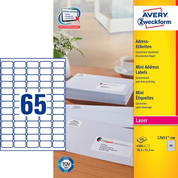 Etiketter Avery L7651-100 vit 38,1x21,2 (låda med 6500 etiketter)