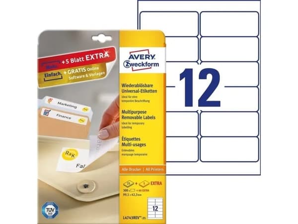 Avery - Fjernbart adhesiv - hvit - 99.1 x 42.3 mm 300 etikett(er) (25 ark x 12) merkelapper