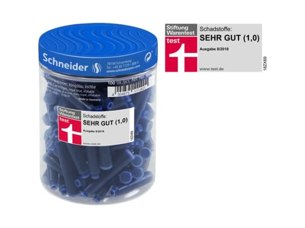 Schneider Schreibgeräte Schneider Tintenpatronen, Blå, Tynn, Sort, Gummi, Krukke, 100 stykker