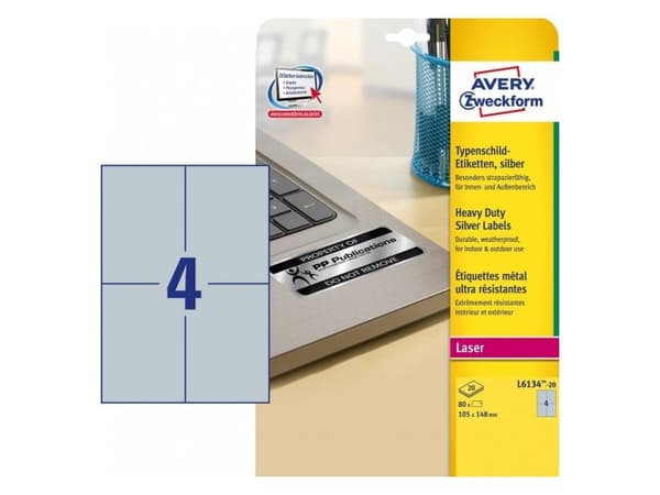 Avery L6134-20, Sølv, Selvklebende skriveretikett, A4, Polyester, Laser, Permanent