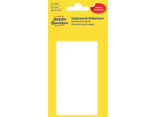 Avery 3047, Hvit, Rektangel, 98 x 51 mm, Universell, Papir, 98 x 51