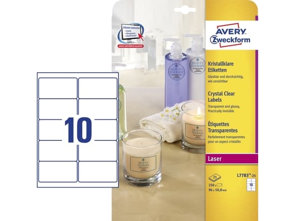 Avery - Polyester - blank - permanet adhesiv - krystallklar - 50.8 x 96 mm 250 etikett(er) (25 ark x 10) merkelapper