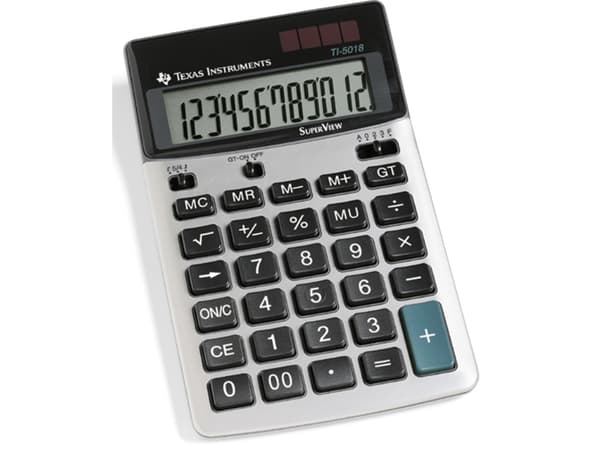 Texas Instruments TI-5018 SV, Desktop, Grunnleggende, 12 sifre, 1 linjer, Sort, Sølv