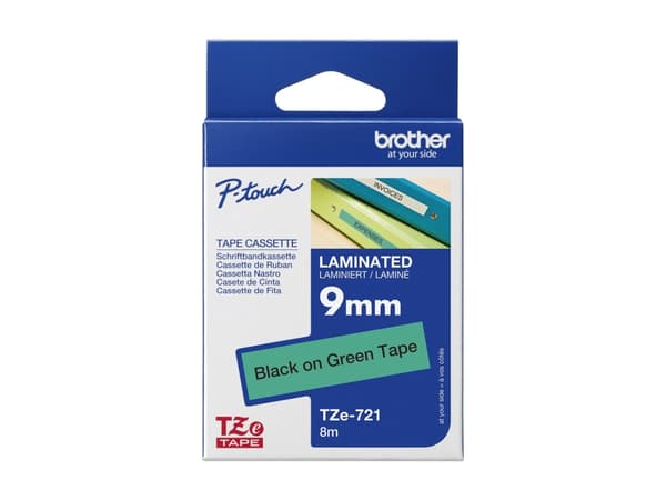 Brother TZe-721 - Sort på grønt - Rull (0,9 cm x 8 m) 1 kassett(er) laminert teip - for Brother PT-D210, D600, H110, H200; P-Touch PT-1005, E310, H10
