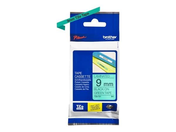 Brother TZe-721 - Sort på grønt - Rull (0,9 cm x 8 m) 1 kassett(er) laminert teip - for Brother PT-D210, D600, H110, H200; P-Touch PT-1005, E310, H10