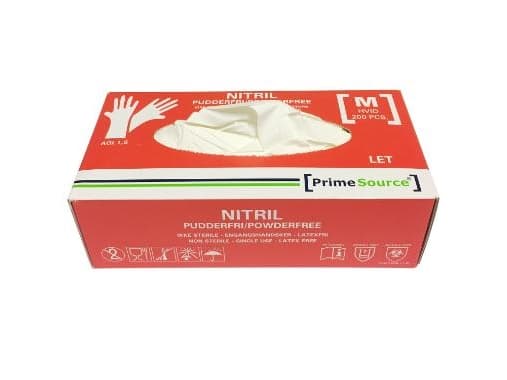 Engångshandske Prime Source LET storlek M utan pulver Nitril AQL 1,5 vit 200 st - (kartong med 10 förpackningar)