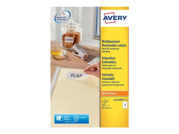 Avery L4745REV - Fjernbart adhesiv - hvit - 63.5 x 96 mm 200 stk (25 ark x 8) merkelapper