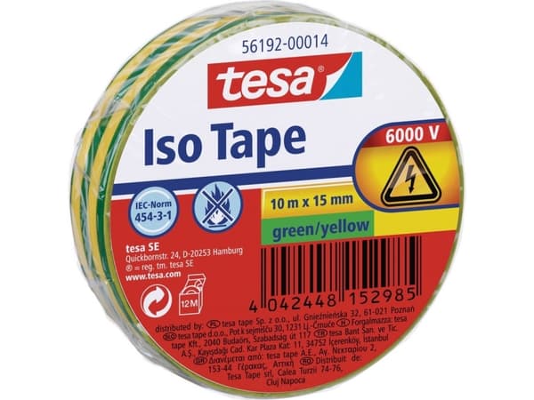 TESA 56192-00014-22, 1 kpl, Vihreä/Keltainen, PVC-muovi, 7000 V, 10 m, 15 mm